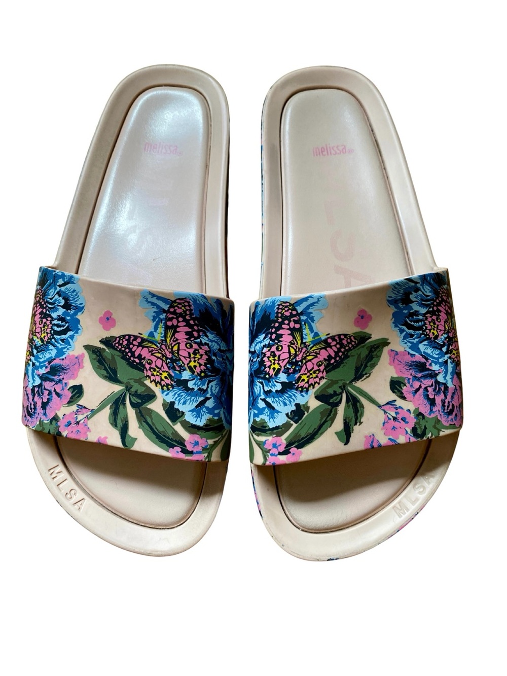Melissa Beach Pool Slide  Pink/Blue Floral Butterfly Size 8